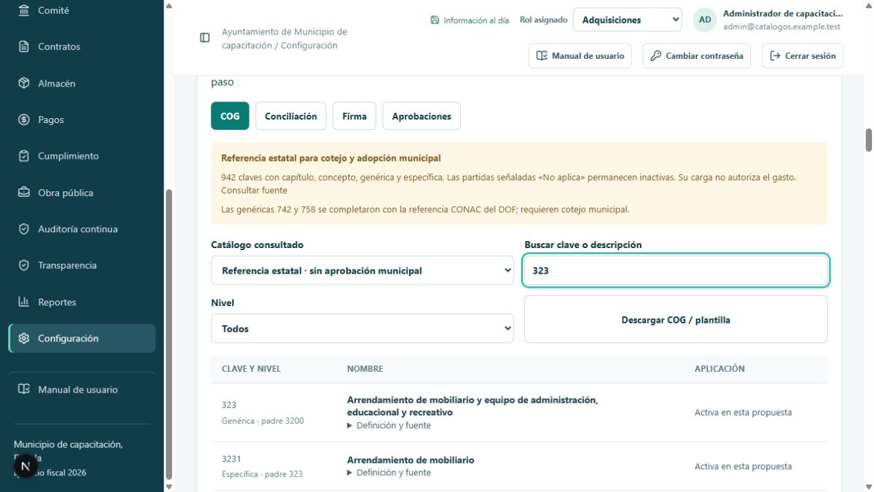Consulta COG con jerarquía de arrendamientos y filtro 323