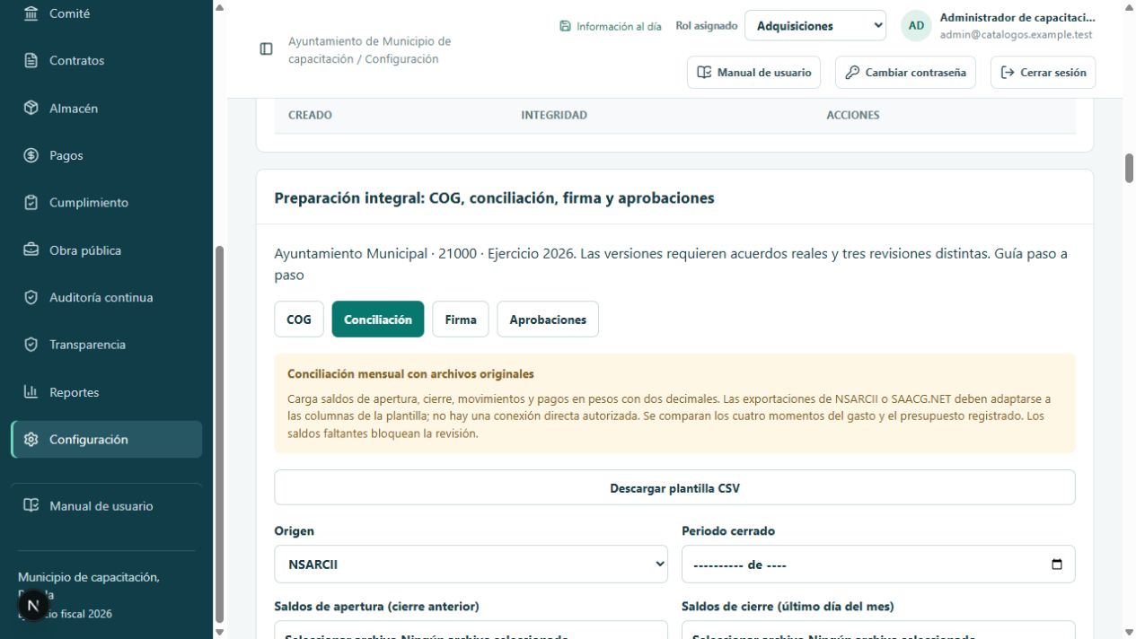 Formulario de conciliación mensual y cuatro CSV