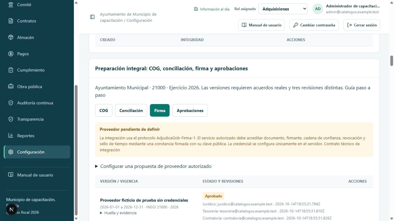 Configuración de firma y estado de credencial pendiente
